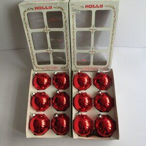 HOLLY Red 2  5/8” Round Glass Christmas Ornaments (2) Boxes Of 6 (12 Total) VTG